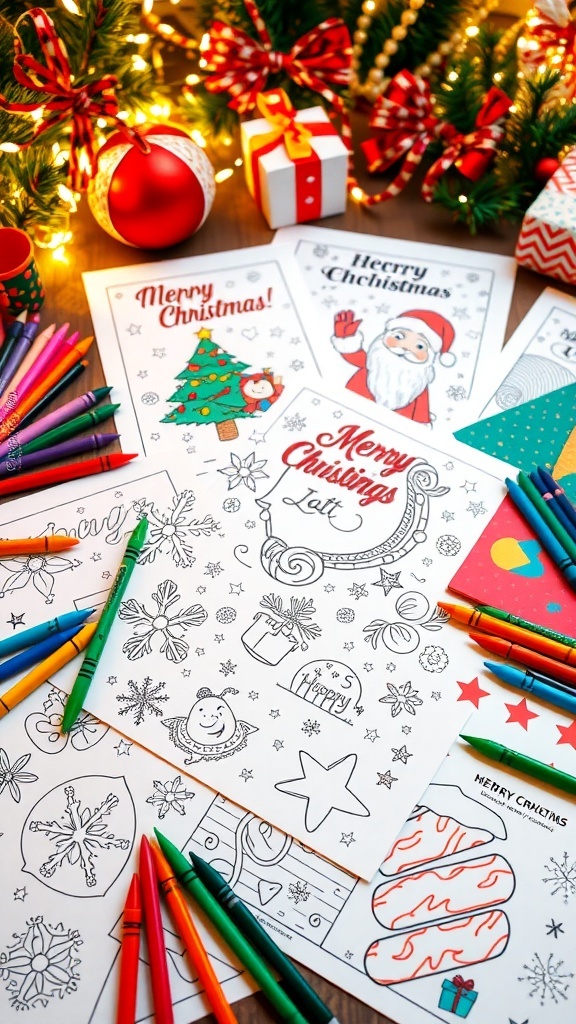 A table with Christmas coloring pages and colorful art supplies, set in a festive holiday environment.